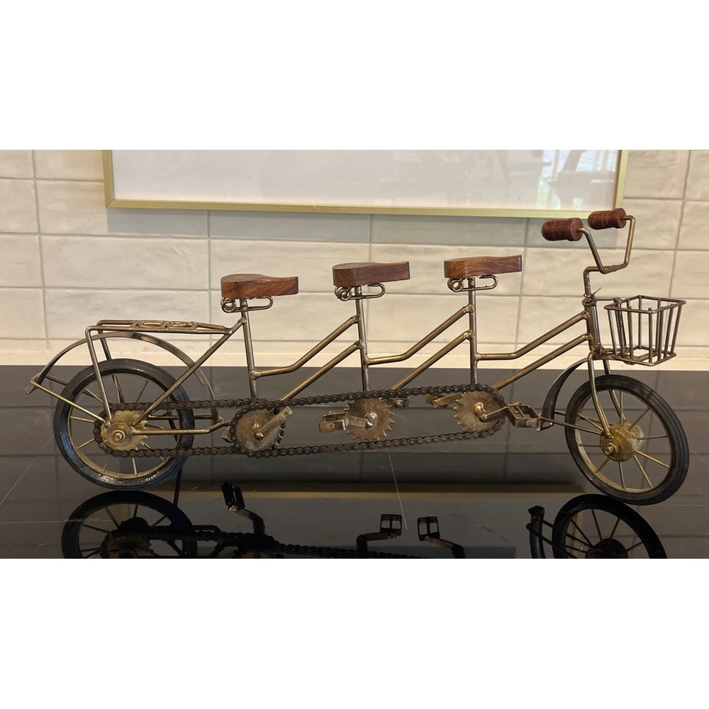 Gold Metal Tandem Bicycle Tricycle Art Deco Sculpture Wooden Seats Rubber‎ Tires